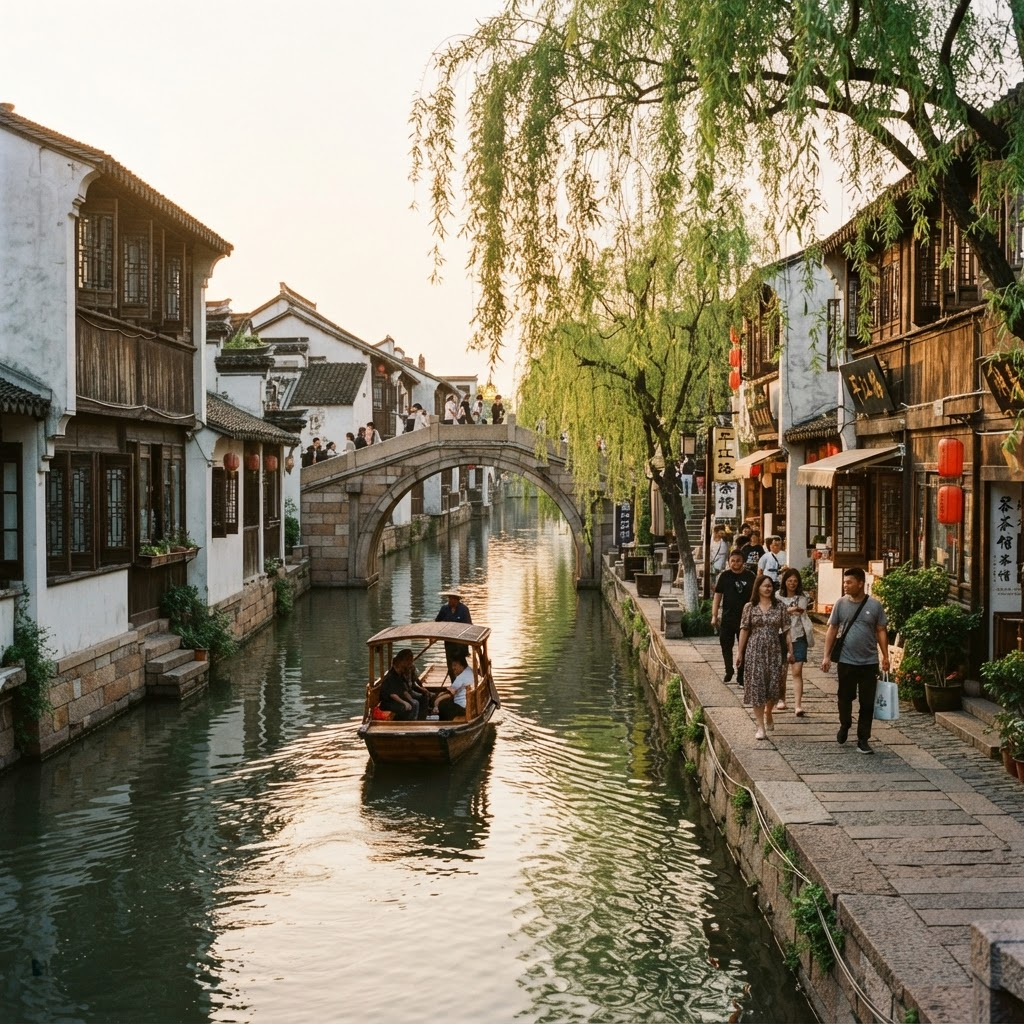 Historic canal street in Suzhou with white-walled houses and a stone bridge at golden hour