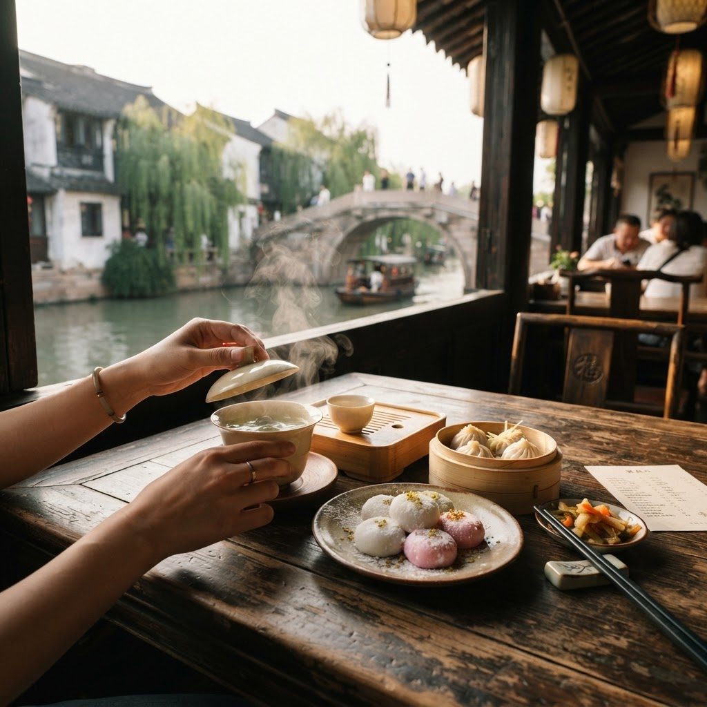 Suzhou teahouse table with gaiwan tea set and local snacks by a canal window