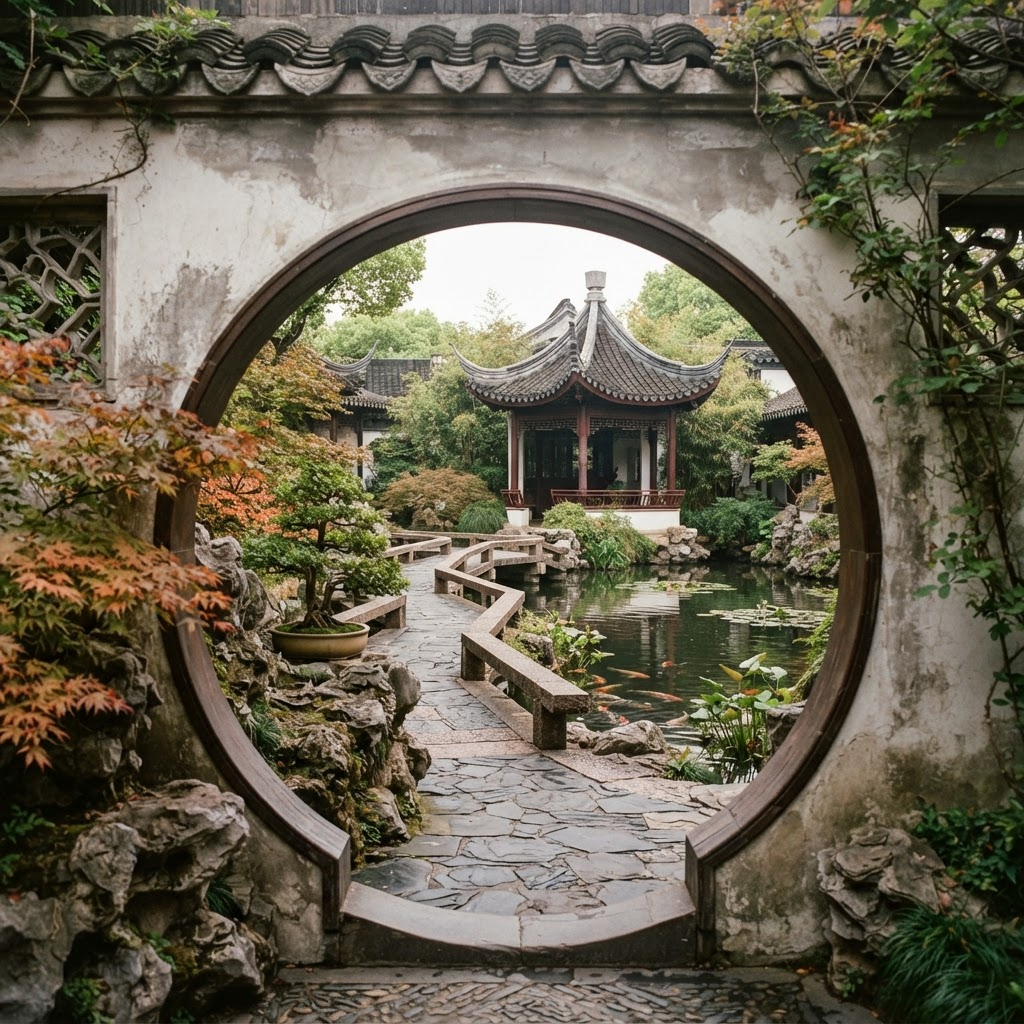 Classical Suzhou garden with moon gate, rockery and pond